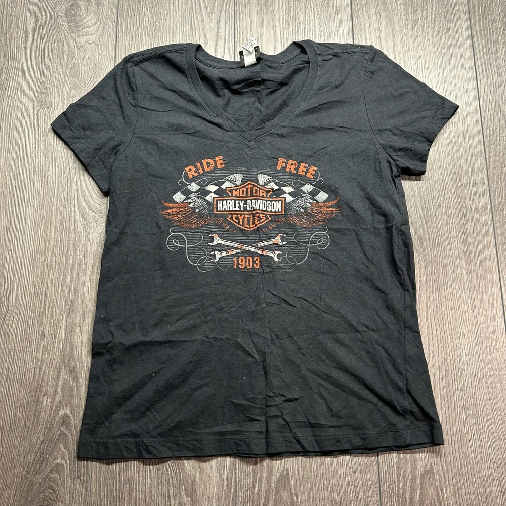 Harley-Davidson Las Vegas Y2K Large Nevada V-Neck Graphic T-Shirt Black Orange